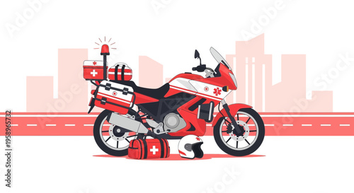 Emergency Medical Motorcycle with First Aid Kits and Helmet in Urban Setting