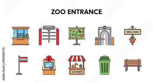 Zoo entrance icon set showing ticket booth turnstiles map security gate sign flag kiosk shop bin and bench