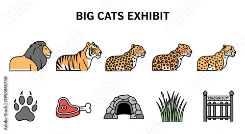 Icons for a Big Cats Exhibit including five stylized felines and six related objects