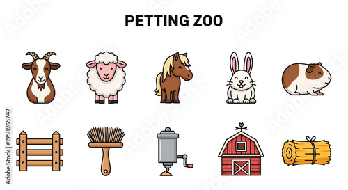 A set of ten flat colored icons related to a petting zoo arranged in two rows