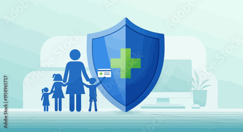 Family Health Insurance Shield Protection, Medical Care Concept, Healthcare Security