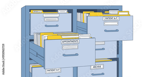Filing cabinet with open drawers full of patient files and appointments