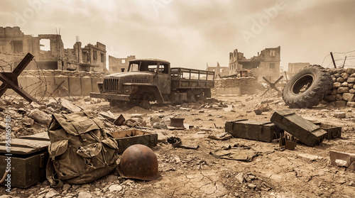 Gritty, sepia-toned photograph of a desolate war zone featuring a derelict military truck and scattered army equipment.