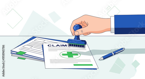 Hand stamping approved medical claim form with green cross, pen and documents
