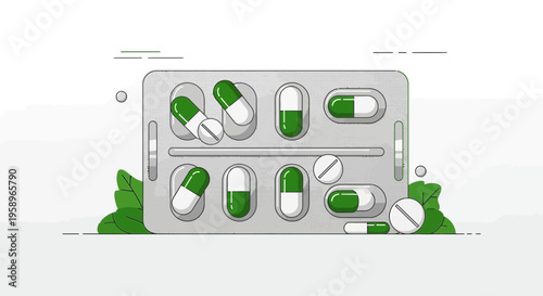 Green and White Pills In Blister Pack, Medical Capsules, Healthcare and Pharmacy Concept