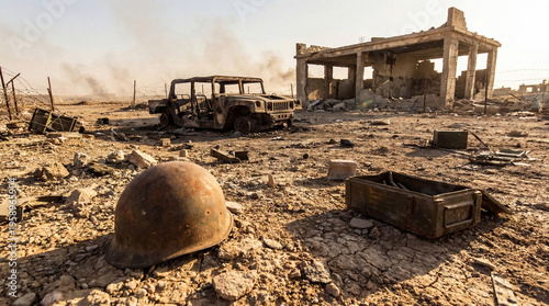 Dramatic photograph of a desolate, dusty desert war zone with a destroyed military Humvee and soldier's helmet.