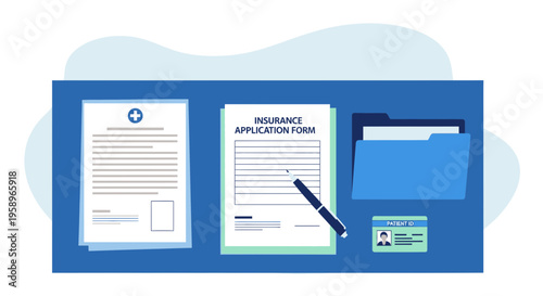 Insurance application form, medical document, ID card, and folder on desk