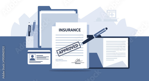 Insurance Approved Document, Stamp, Pen, ID Card, Folder, Clipboard - Business Concept