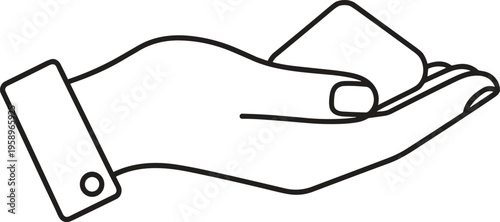 A hand holding a card or paper on a white background in a line art style