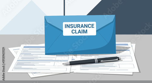 Insurance Claim Form Document and Envelope with Pen on Desk