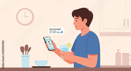 Man Hydrating with Water Reminder on Phone in Kitchen