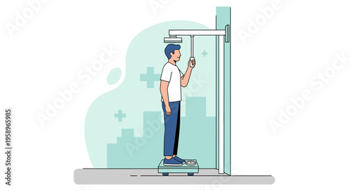 Man measuring height and weight on medical scale in clinic, health checkup concept