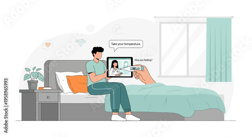 Man on bed using tablet for telehealth consultation, doctor on screen advises temperature check