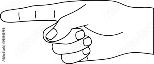 A hand pointing to the left with index finger extended in a line drawing style