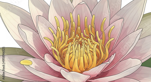 Beautiful pink lotus flower with yellow stamens and green leaves on white background symbolizing serenity and elegance in nature