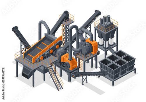 Industrial crushing and screening plant for material processing with conveyor belts and silos