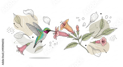 Hummingbird sips nectar from colorful trumpet shaped flowers surrounded by lush greenery and vibrant blooms in a lively garden scene