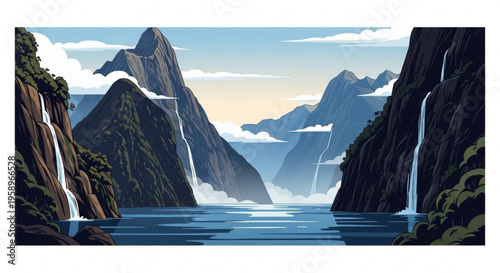 Serene mountain landscape with waterfalls cascading into a tranquil lake at sunrise or sunset with misty atmosphere and rugged cliffs