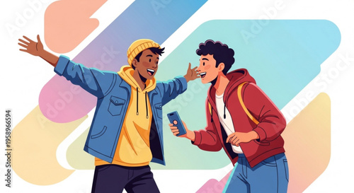 Two young men laughing and having fun together outdoors with colorful background