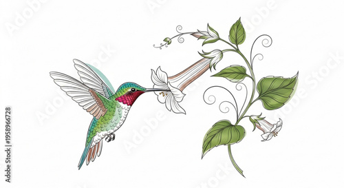 Hummingbird feeding from white flower on green plant with leaves flying bird with colorful feathers in mid air motion