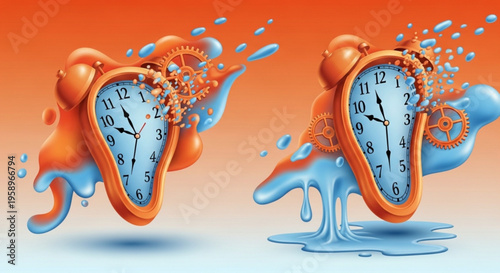 Melting clocks in orange and blue with water splashes on gradient background surreal time concept