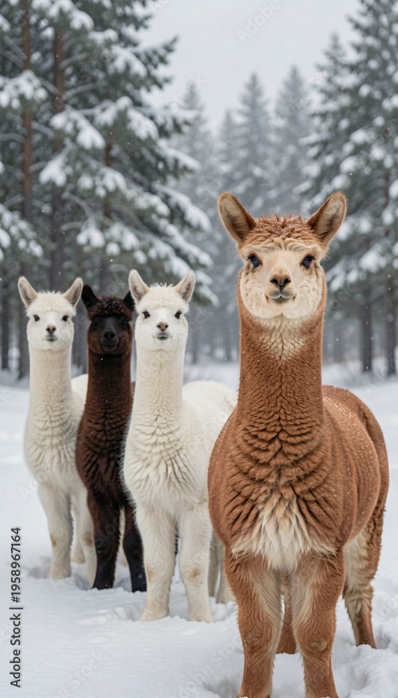 Fototapeta premium Four Alpacas Standing in Snowy Winter Forest during Daytime