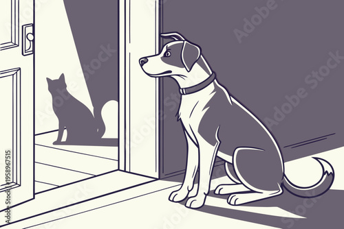 Dog patiently waiting by open door as cat silhouette appears in sunlight, domestic animal looking out