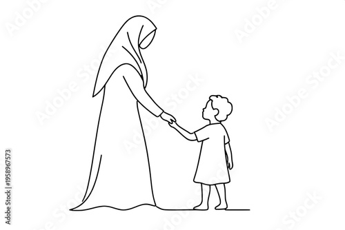 Minimalist single line art of mom and kid walking together