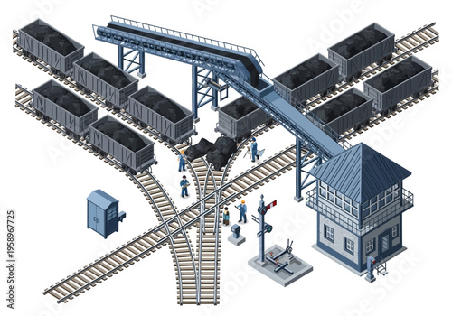 Industrial railway yard with coal wagons, conveyor belt, and signal box