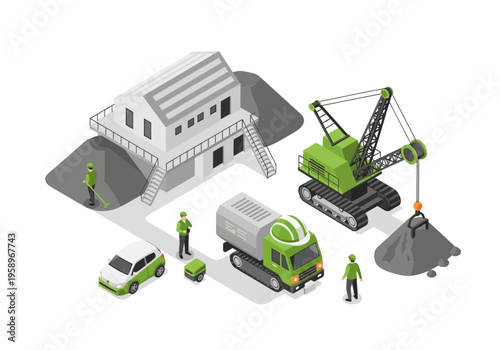Isometric construction scene with building, crane, truck, and workers
