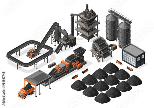 Industrial coal processing plant with conveyor belts, crushers, silos, and piles of coal