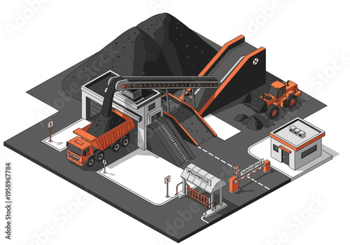Industrial coal processing plant with truck and loader, illustrating resource extraction and transportation logistics