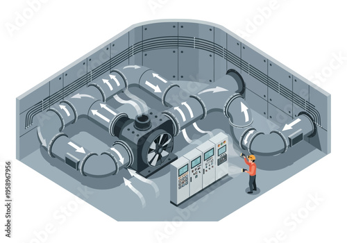 Industrial ventilation system with large fan, control panel, and technician in underground facility