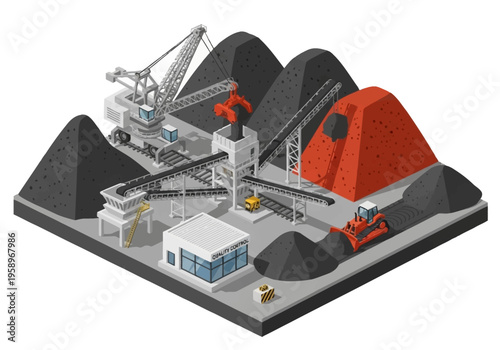 Coal mining industry isometric illustration of heavy machinery and raw materials extraction