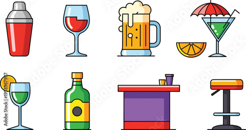 Flat Alcohol Drinks and Bar Icon Set Featuring Cocktail Beer Wine Bottle Glass Shaker Counter and Beverage Elements for Nightlife and Hospitality Design