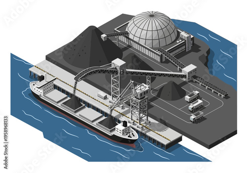 Industrial port with a cargo ship loading coal at a facility with conveyor belts and storage domes