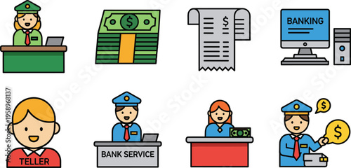 Flat Banking and Financial Service Icon Set Featuring Teller Cash Money Receipt Computer Bank Staff and Transaction Elements for Business Design