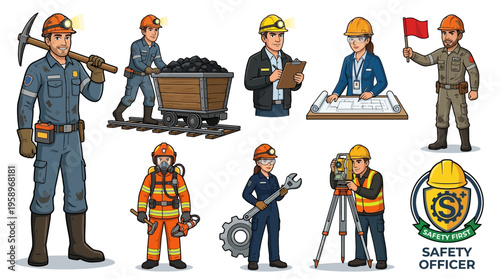 Coal mining safety officers with equipment and construction plans, diverse roles in industry