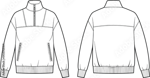 Black, white, technical, jacket, front, back, view, mockup, fashion, apparel, sportswear, zip, collar, long, sleeve, design, template, clothing, vector, outline