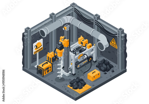 Isometric illustration of a drilling rig with coal, pipes, and safety equipment for mining operations