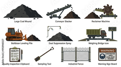 Coal processing plant equipment and industrial scene illustrations