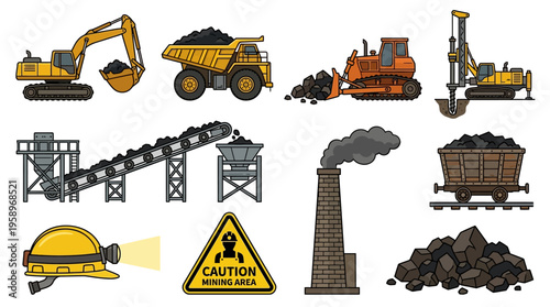 Collection of mining equipment and coal resources, construction and industrial scenes