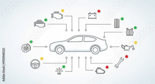 Car Diagnostics and Maintenance Icons Connected to Vehicle Outline