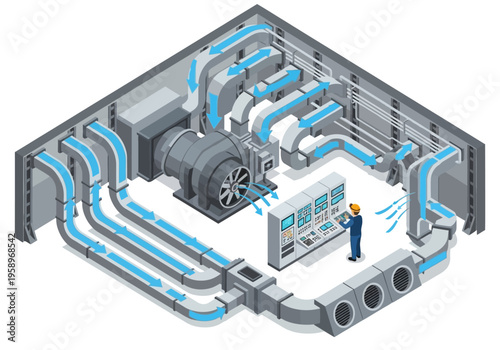 Industrial Ventilation System with Air Ducts, Fans, and Control Panel