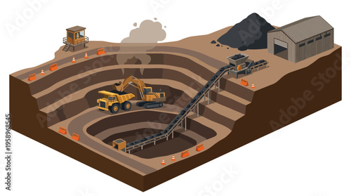Isometric mining operation illustration showcasing extraction, transportation, and processing of resources