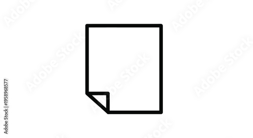 Simple black line art vector graphic illustration depicting a single blank document page icon with one bottom corner gently turned over