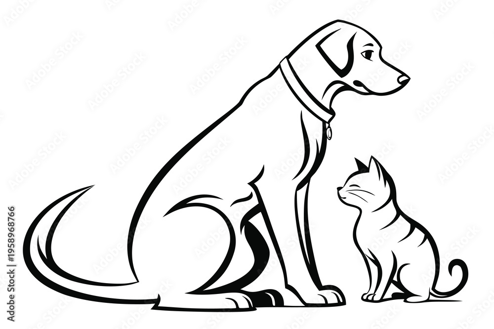 Obraz premium Dog and cat pet line art illustration isolated on white background showing domestic animals friendship