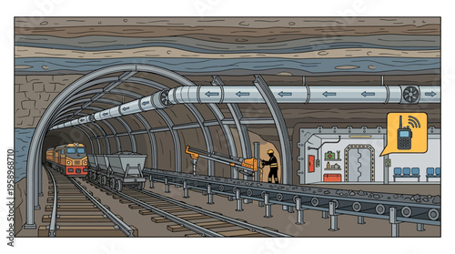 Illustration of an underground mining operation with trains, conveyor belts, and equipment