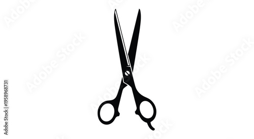 Sleek black silhouette vector graphic illustration of professional hairdressing scissors opened slightly against a clean white background representing cutting tools