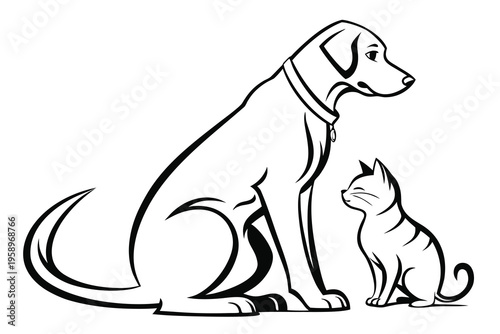 Dog and cat pet line art illustration isolated on white background showing domestic animals friendship